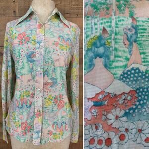 Vintage 1960s 1970s Pointy Collar Novelty Garden Floral Button Shirt Size S